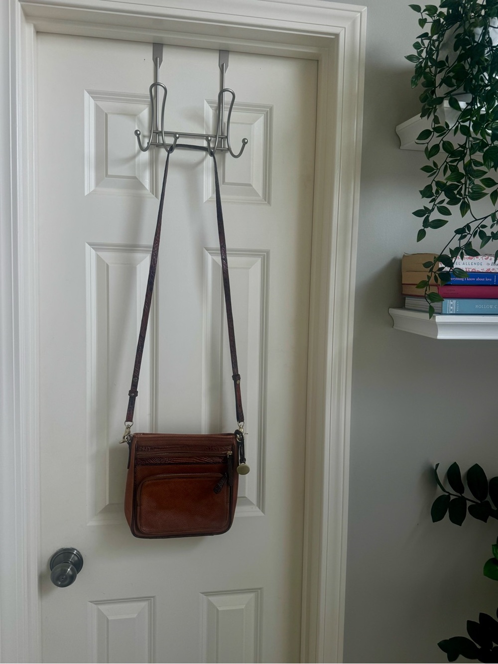 Brahmin Pecan Brown Leather Croc Embossed Organizer Crossbody Bag